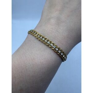 Vintage Gold Tone Rhinestone Tennis Bracelet Rope Chain Double Strand 7"